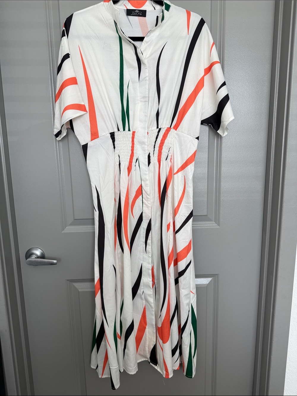 White Midi Dress with Coral, Black & Green Abstract Stripes